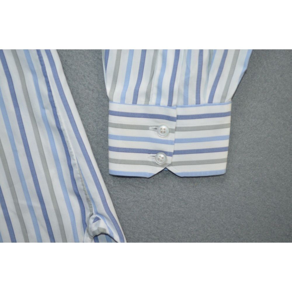 Kiton Men's Button-Down Dress Shirt in White with Blue and Yellow Stripes - Picture 3 of 11